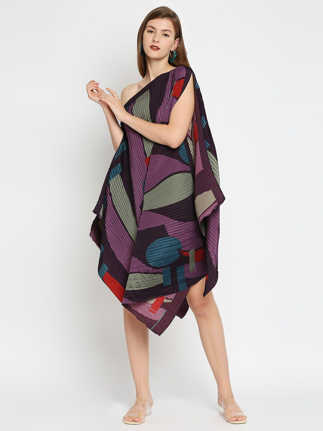 Cloth Haus India Women Purple & Brown Printed One Shoulder Pleated Poncho