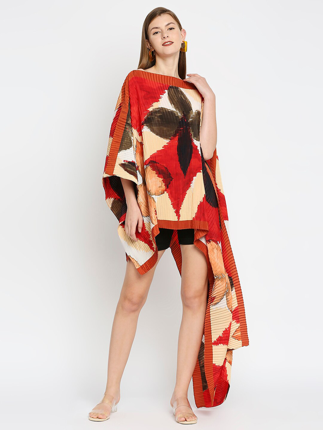 Cloth Haus India Women Beige & Red Floral Print Pleated Poncho