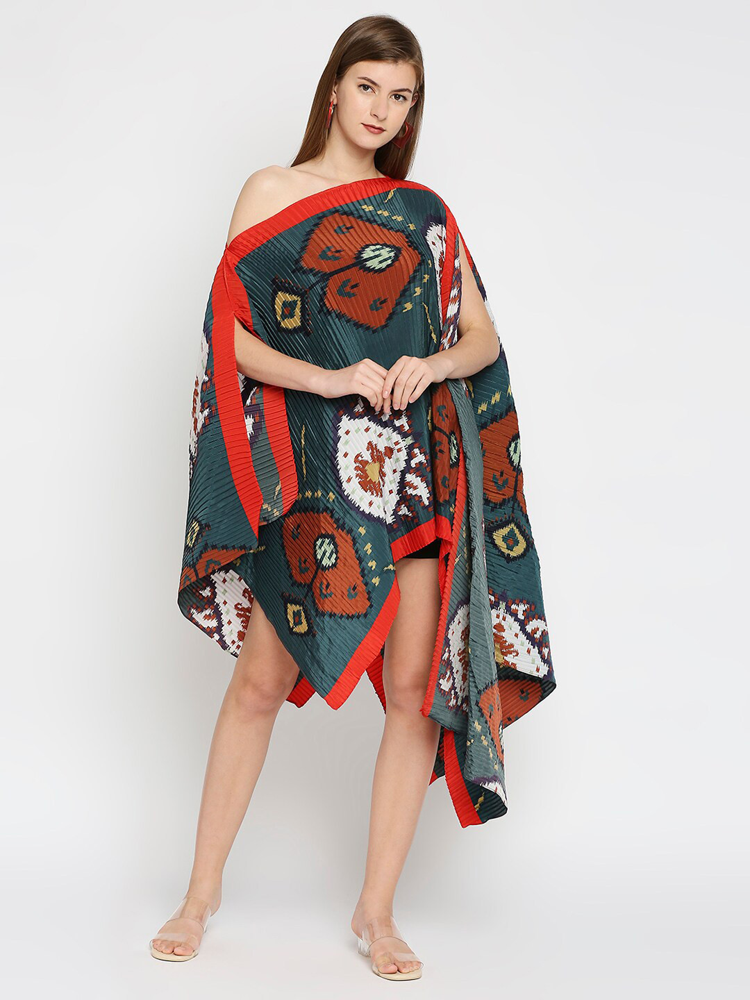 Cloth Haus India Women Green & Coral Print One Shoulderpleated Poncho