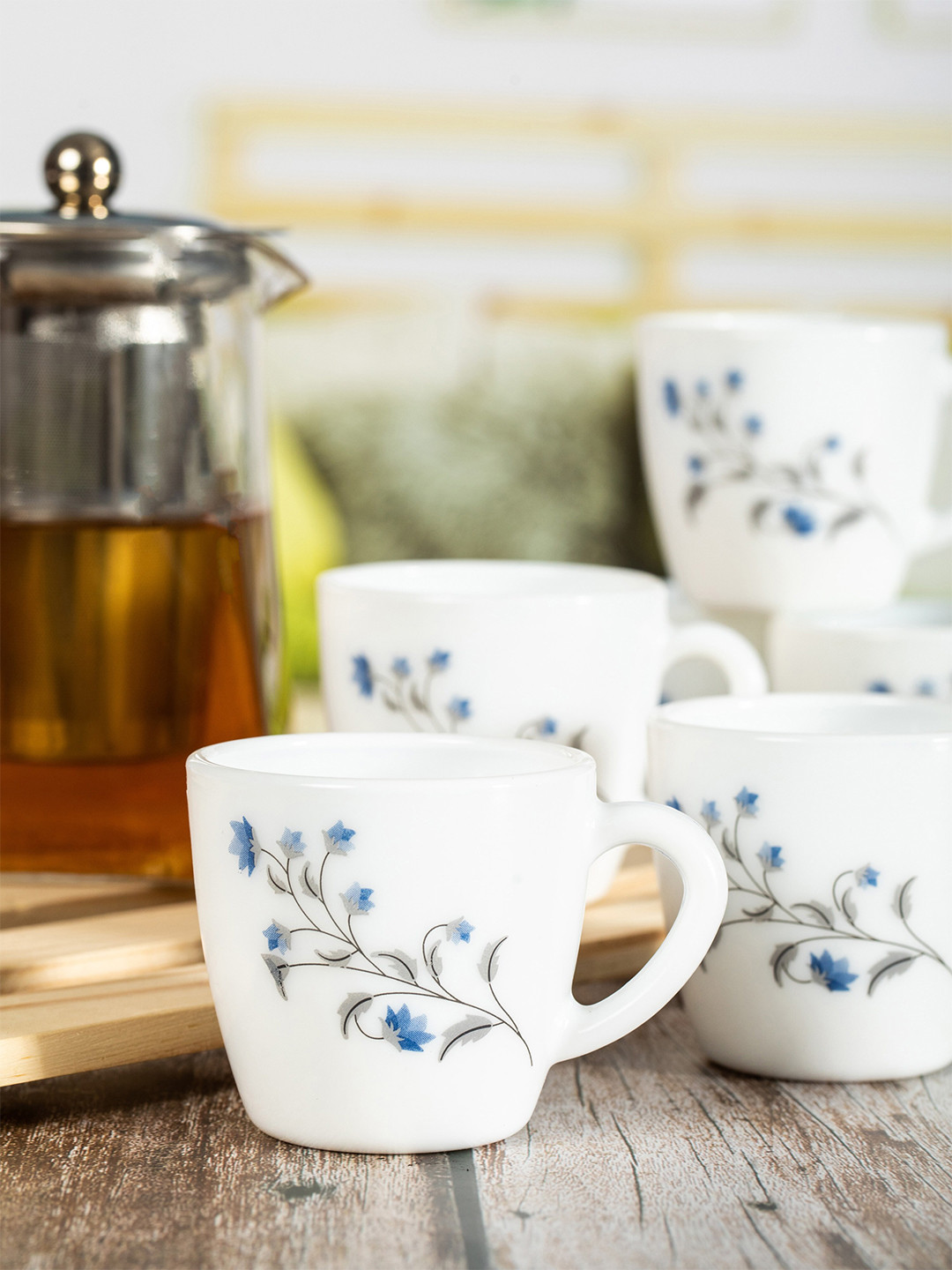 Cello Rakshabandhan Gift White Floral Opalware Microwave Safe 12 Piece Mugs-100ml