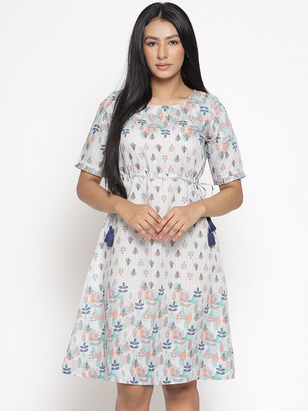 AURELIA Grey Floral Satin Ethnic A-Line Dress
