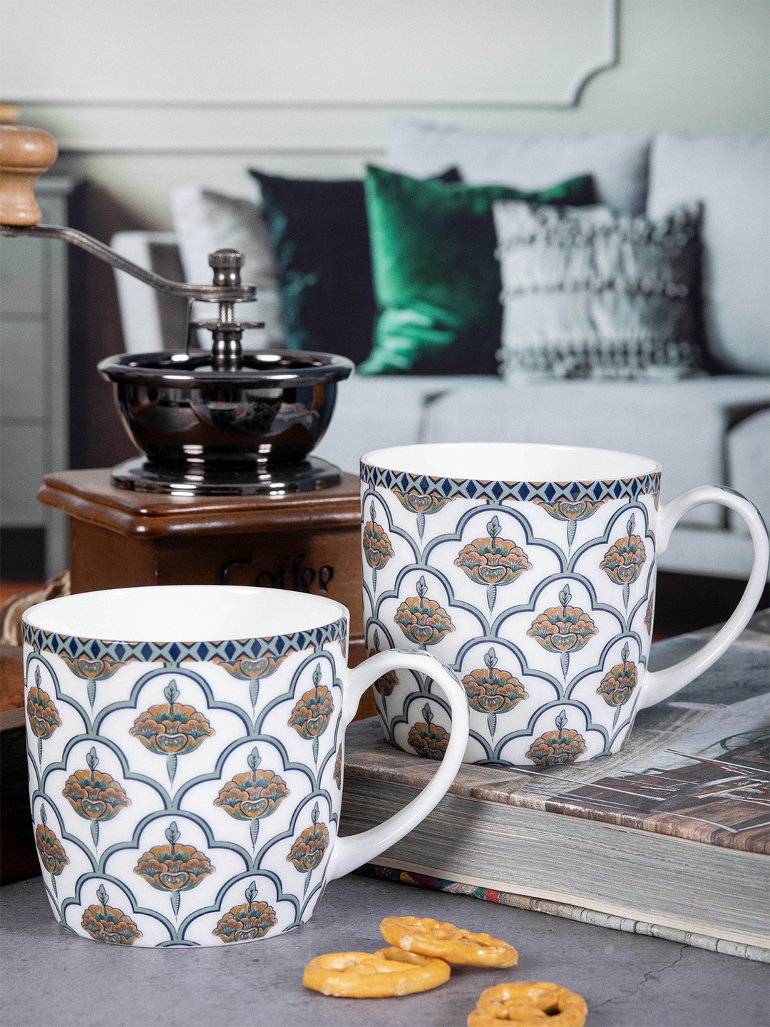 GOODHOMES White Ethnic Motifs Bone China Microwave Safe 2 Piece Mugs-320ml
