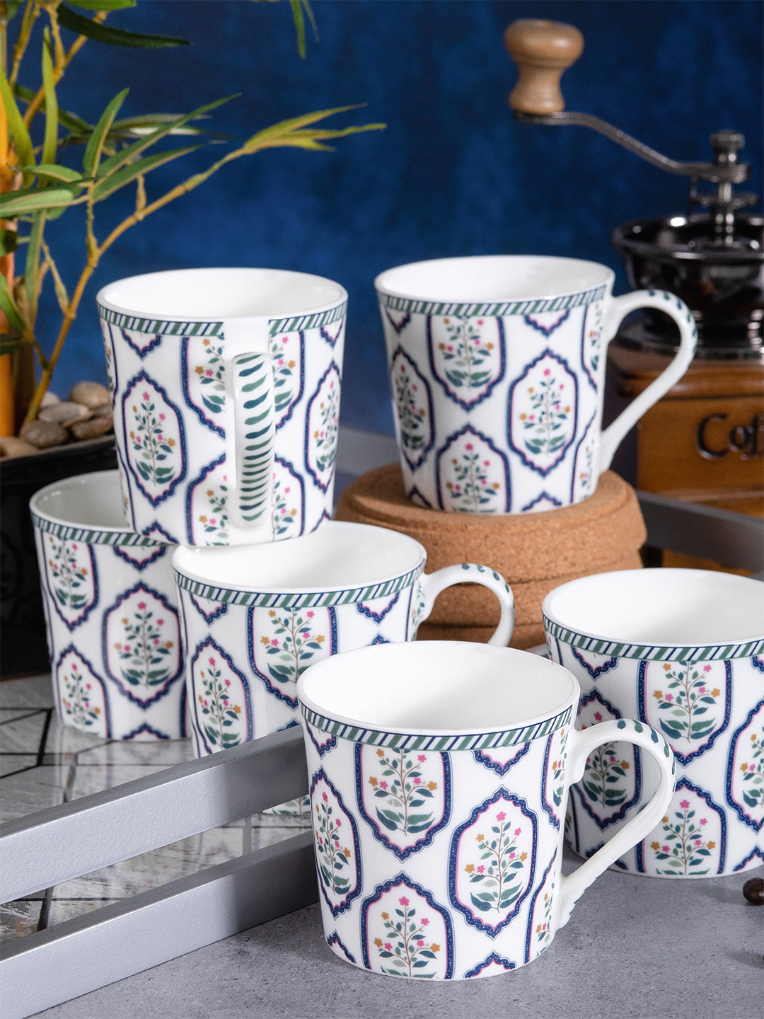 GOODHOMES White & Blue Set of 6 Printed Bone China Glossy Mugs 200 ml Each