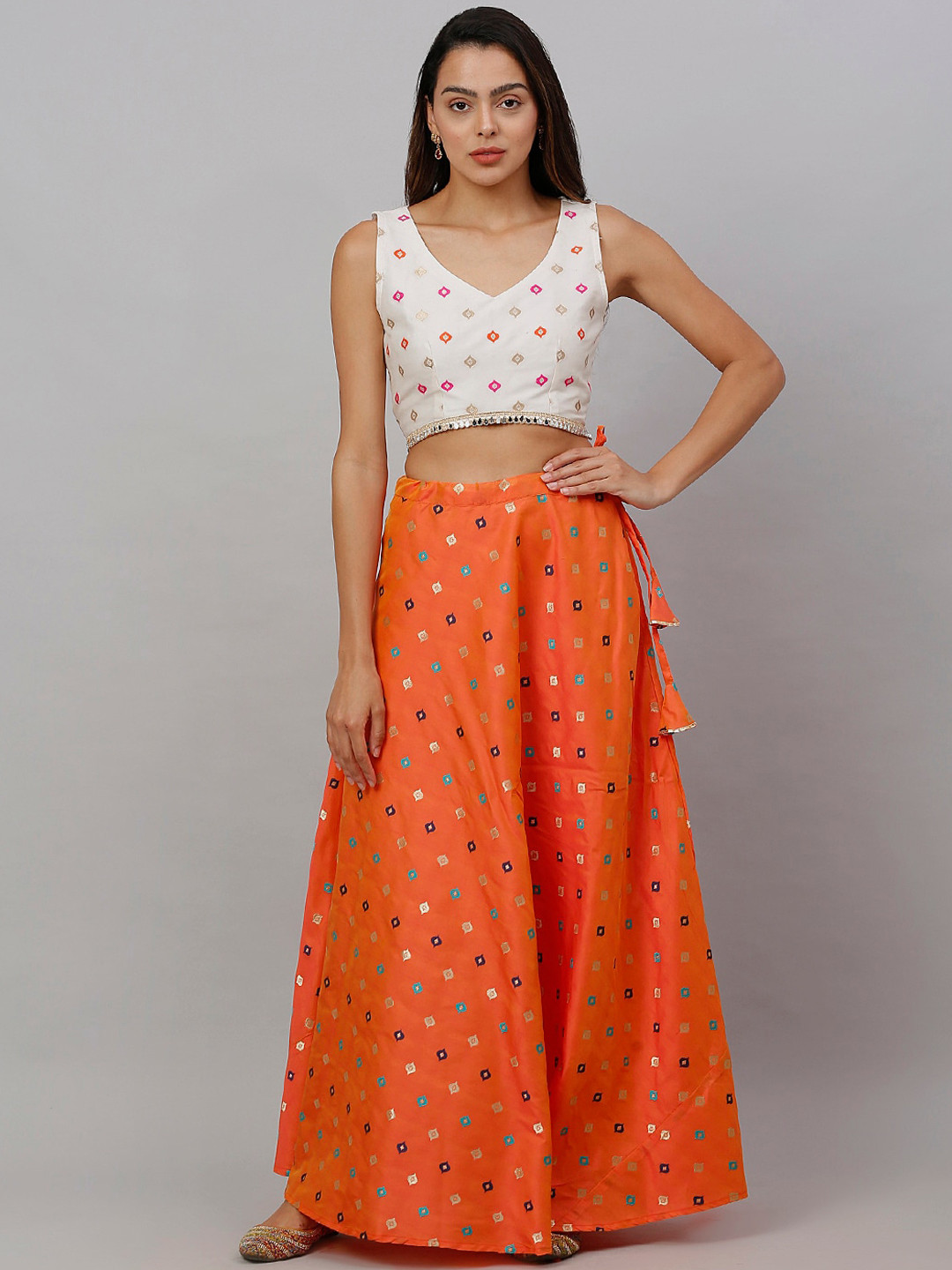 NEUDIS Woman Orange Jacquard Poly Silk Maxi Leganga Skirt