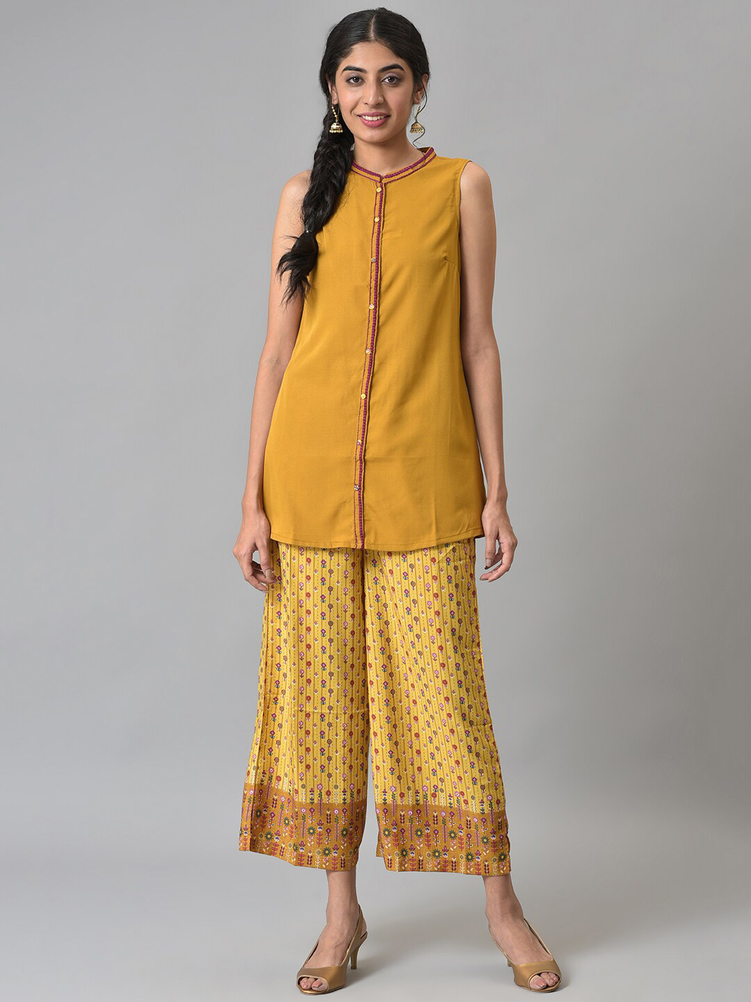 AURELIA Women Mustard Yellow Ethnic Motifs Kurti with Palazzos