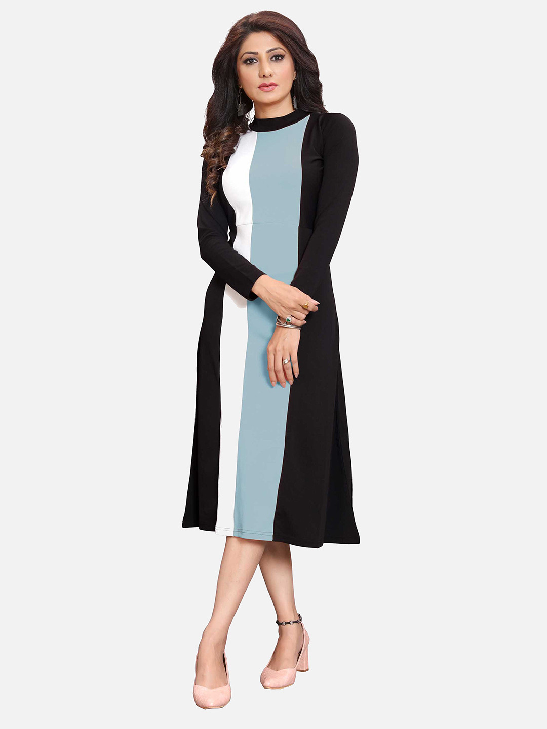 LONDON BELLY Women Black & Turquoise Blue Colourblocked A-Line Midi Dress