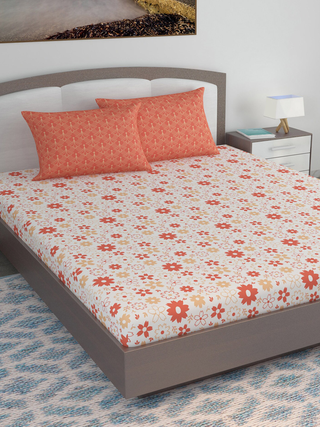 Divine Casa Garden Bliss Orange Floral Cotton 120 TC King Bedsheet with 2 Pillow Covers-87 x 106 inches