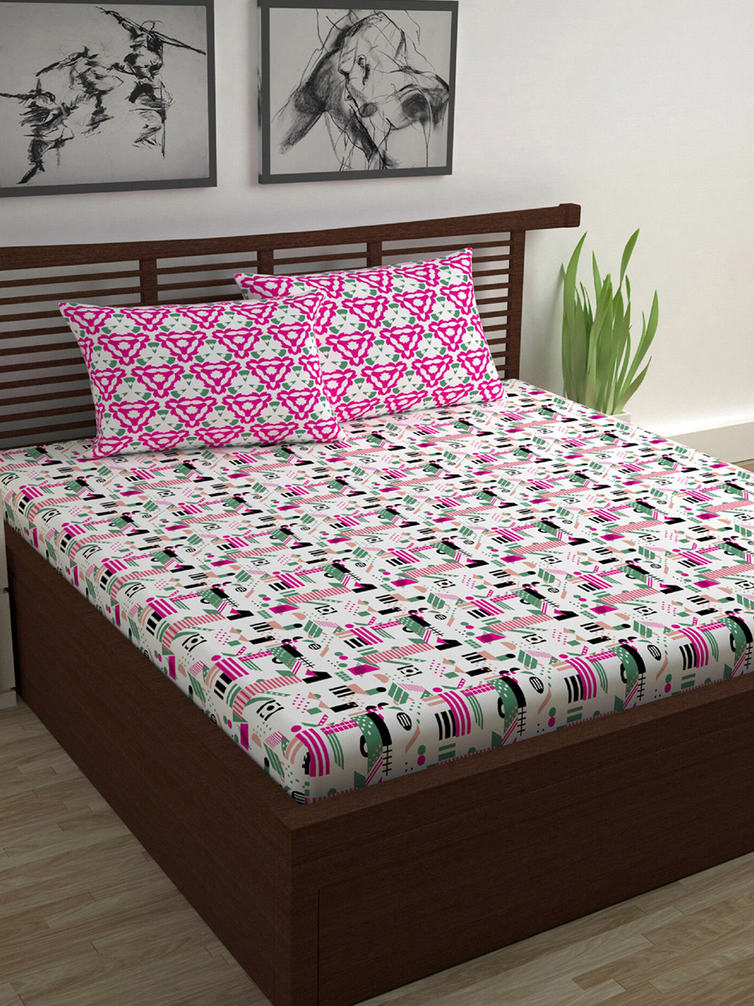 Divine Casa Vibrant Pink Abstract Cotton 120 TC Fitted Queen Bedsheet with 2 Pillow Covers-94 x 87 inches