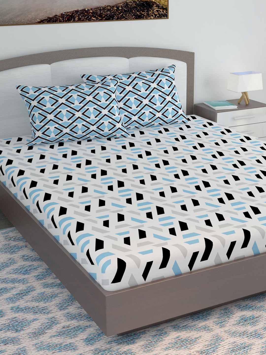 Divine Casa Vibrant Blue Abstract Cotton Breathable 120 TC King Bedsheet with 2 Pillow Covers-9 x 106 inches