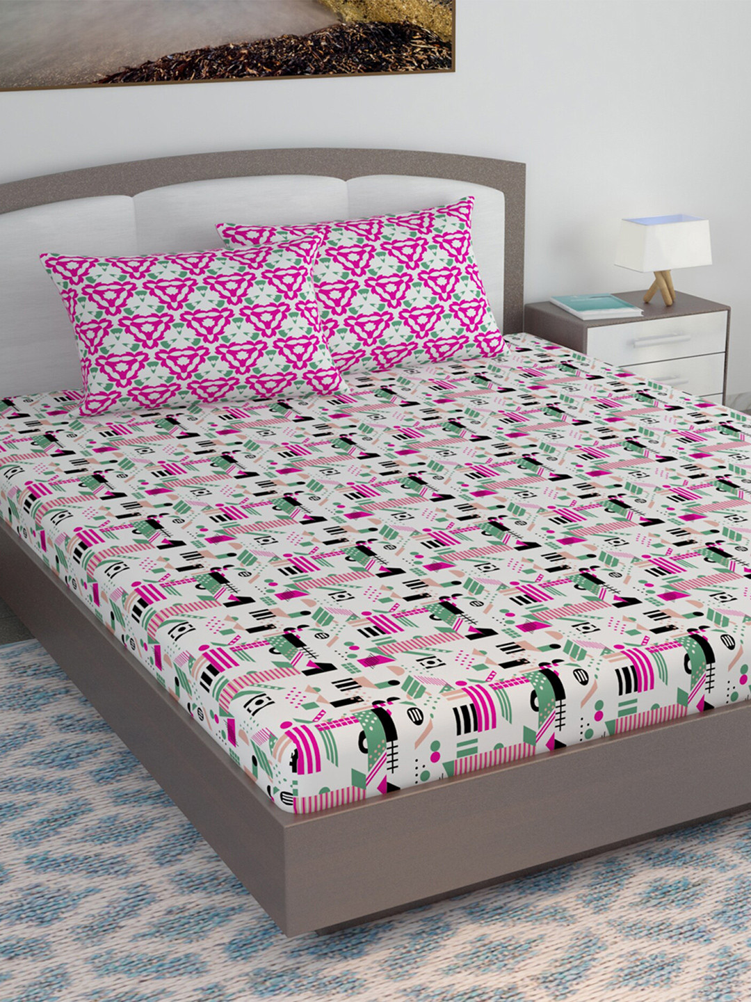 Divine Casa Vibrant Pink Abstract Cotton 120 TC King Bedsheet with 2 Pillow Covers-87 x 106 inches