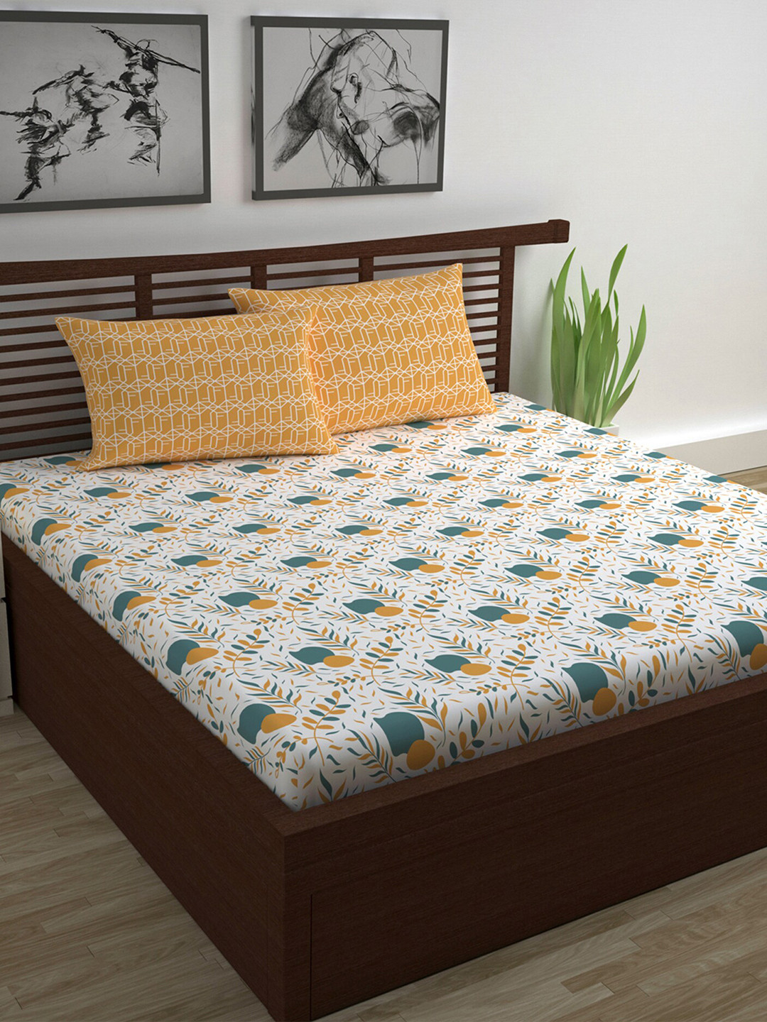 Divine Casa Garden Bliss Yellow Leaf Cotton 120 TC Queen Bedsheet with 2 Pillow Covers-94 x 87 inches