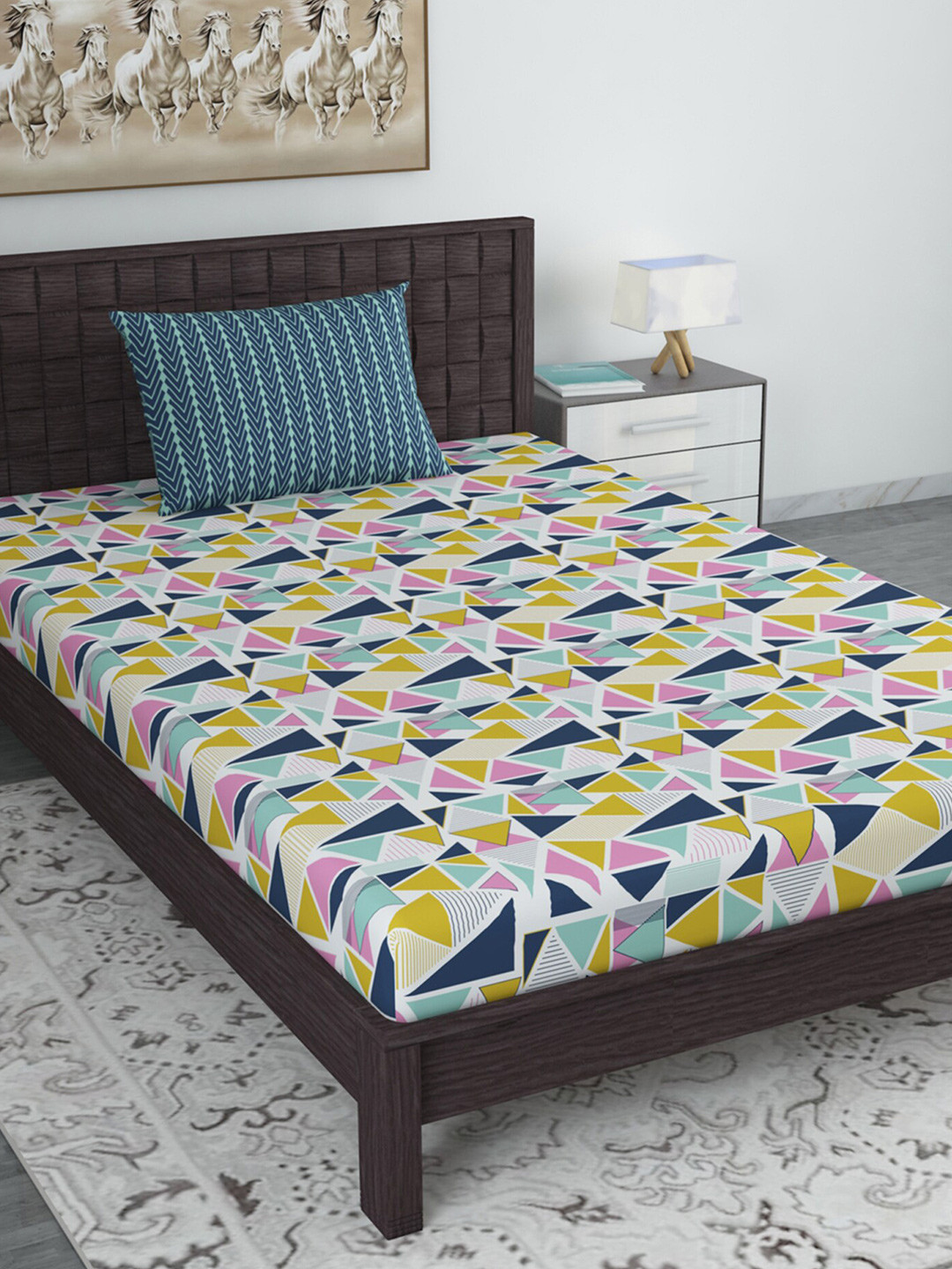 Divine Casa Vibrant White Geometric Cotton 120 TC Single Bedsheet with a Pillow Cover-87 x 55 inches