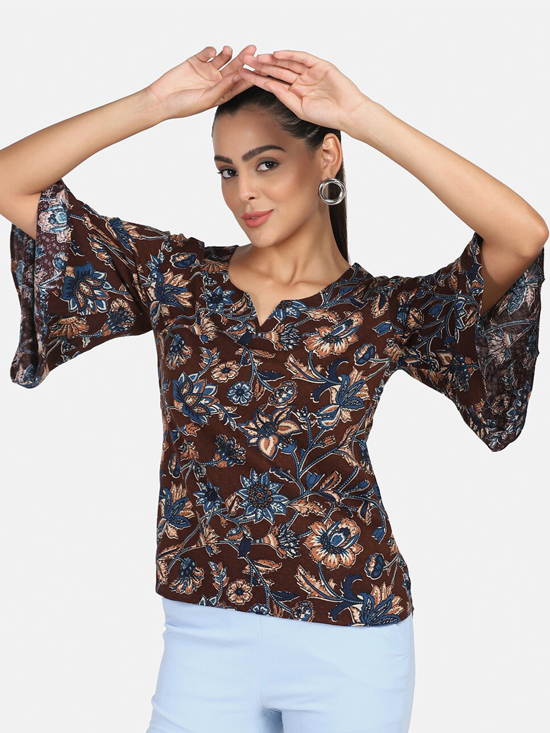 PowerSutra Coffee Brown & Blue Floral Print Crepe Top