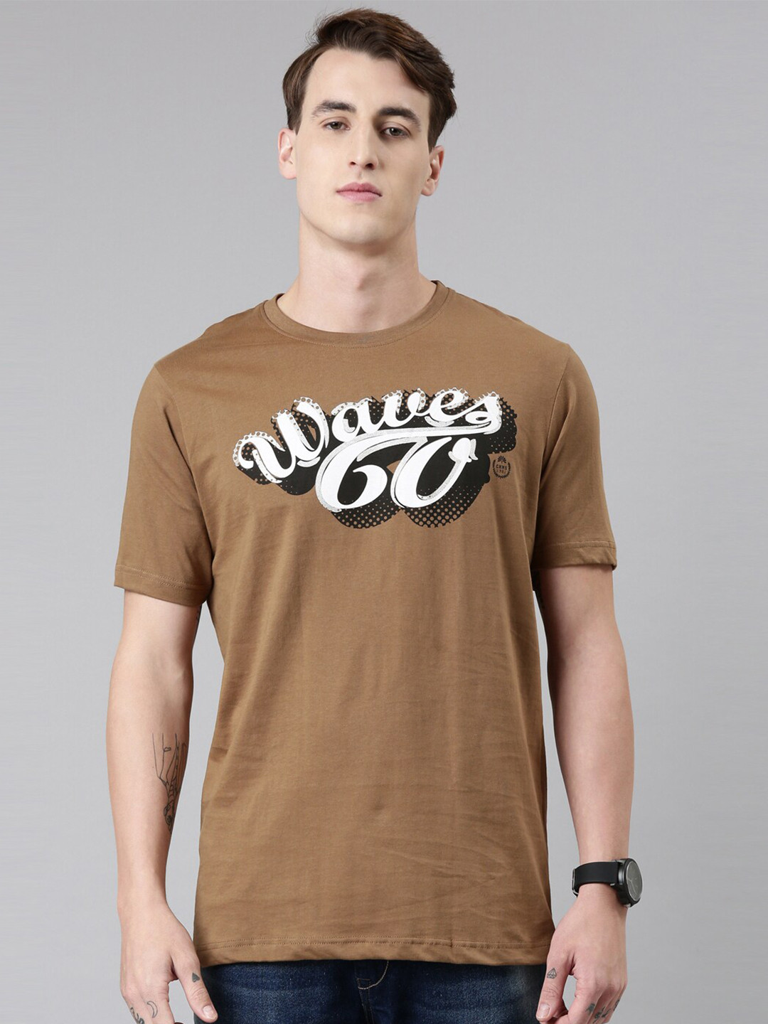 Chennis Men Brown Typography Printed Cotton Slim Fit T-shirt