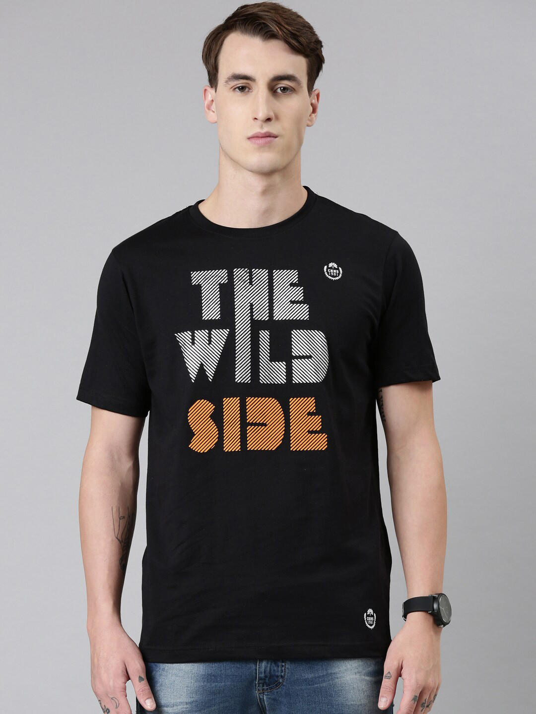 Chennis Men Black Typography Printed Slim Fit T-shirt