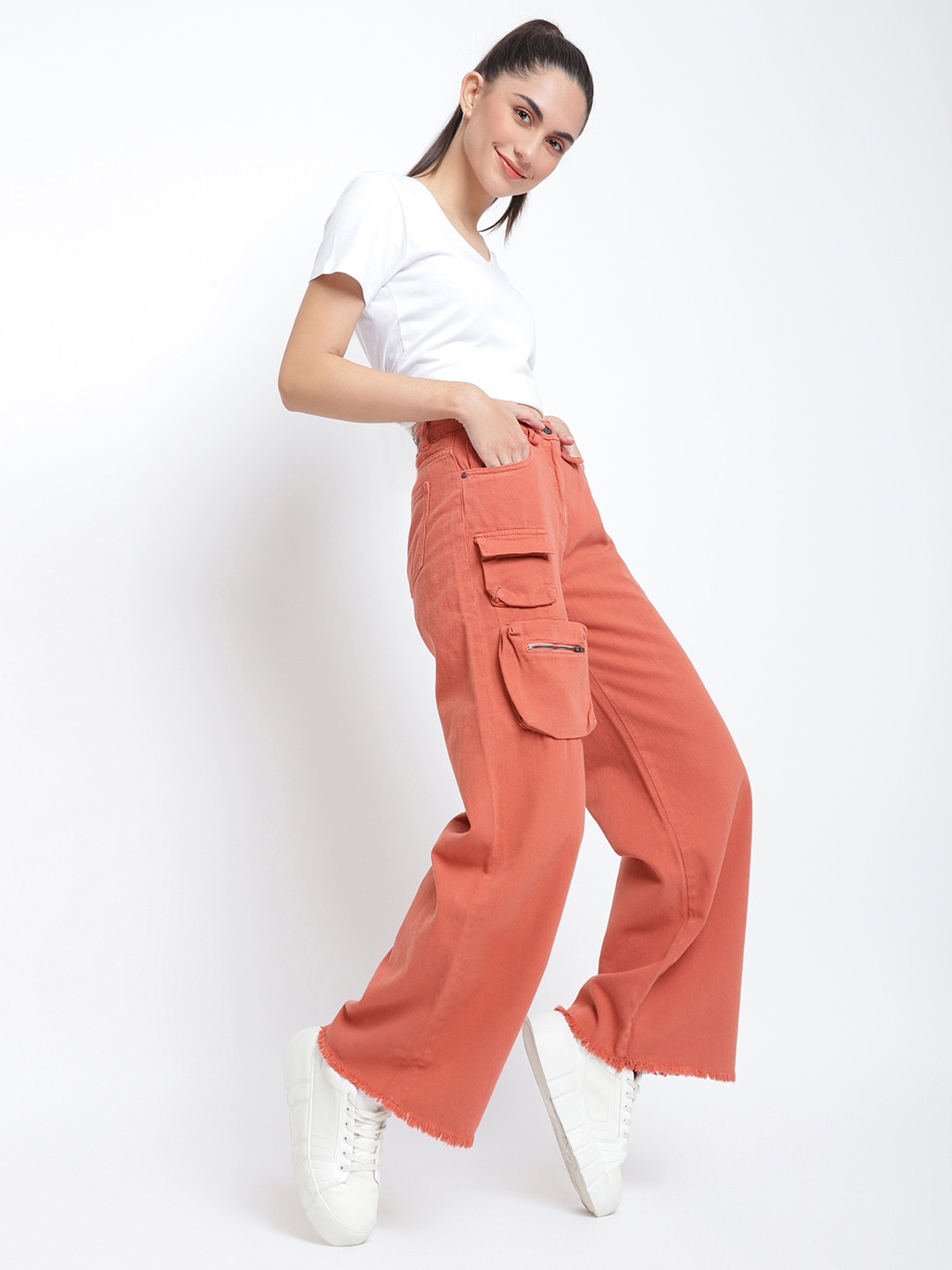 TALES & STORIES Women Rust Cotton Flared Trousers
