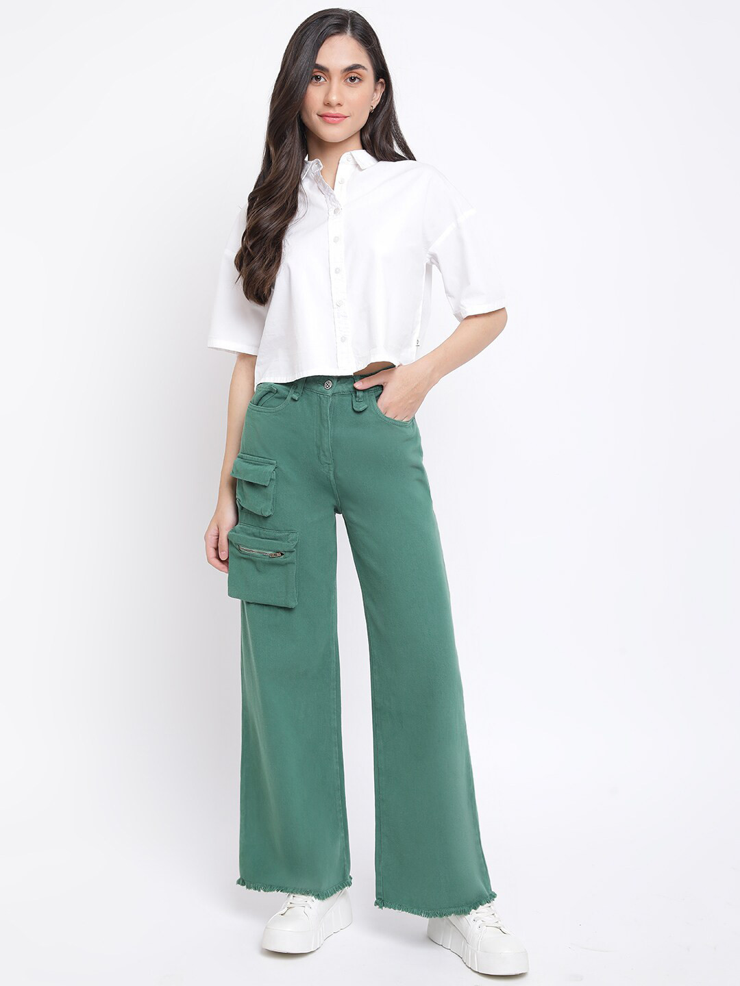 TALES & STORIES Women Green Cotton Flared Trousers
