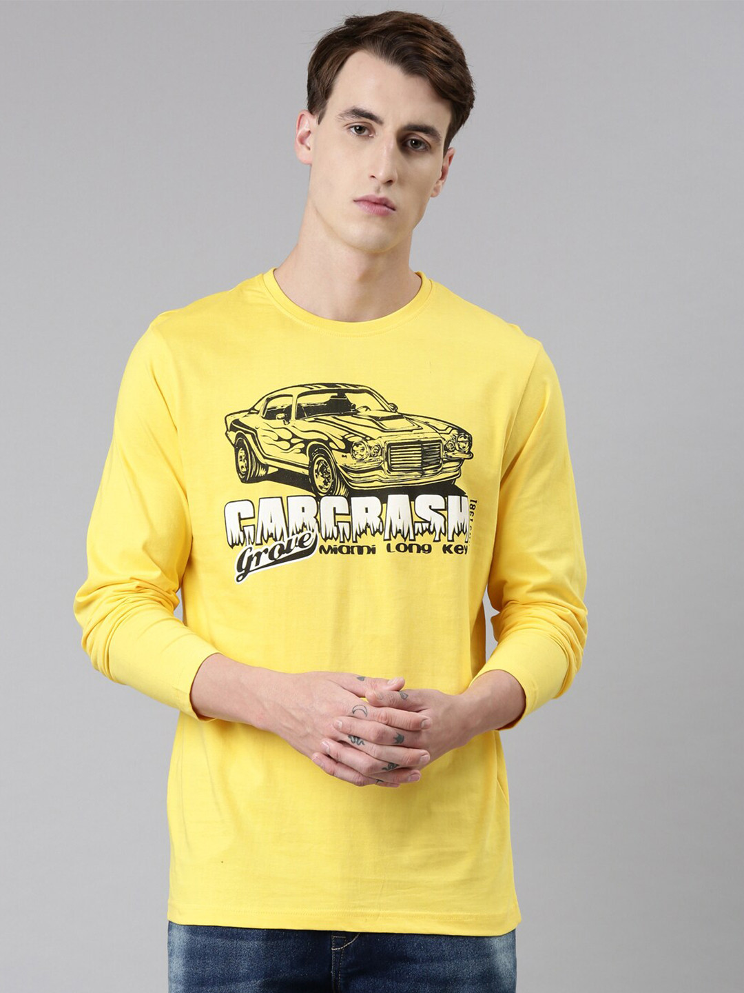 Chennis Men Yellow Printed Cotton Round Neck T-shirt