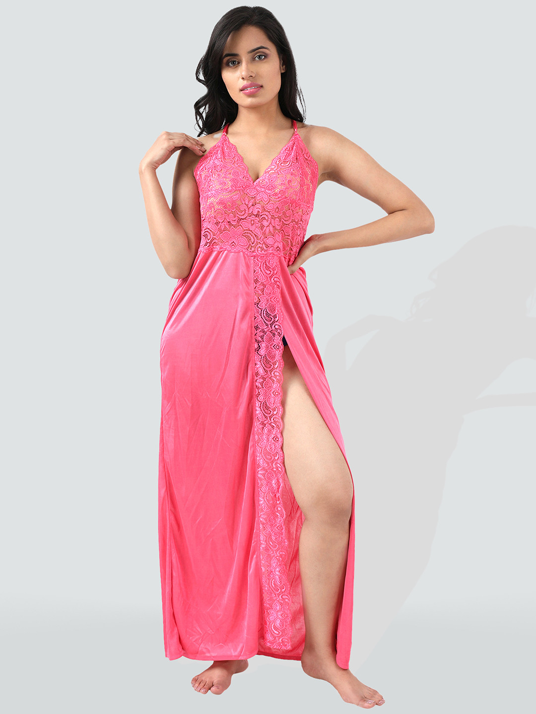 Romaisa Pink Satin Maxi Baby Dolls