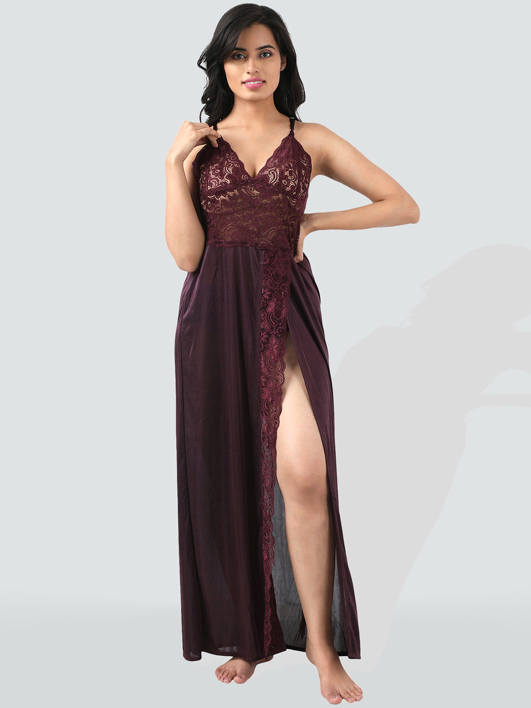 Romaisa Brown Solid Maxi Length Baby Dolls