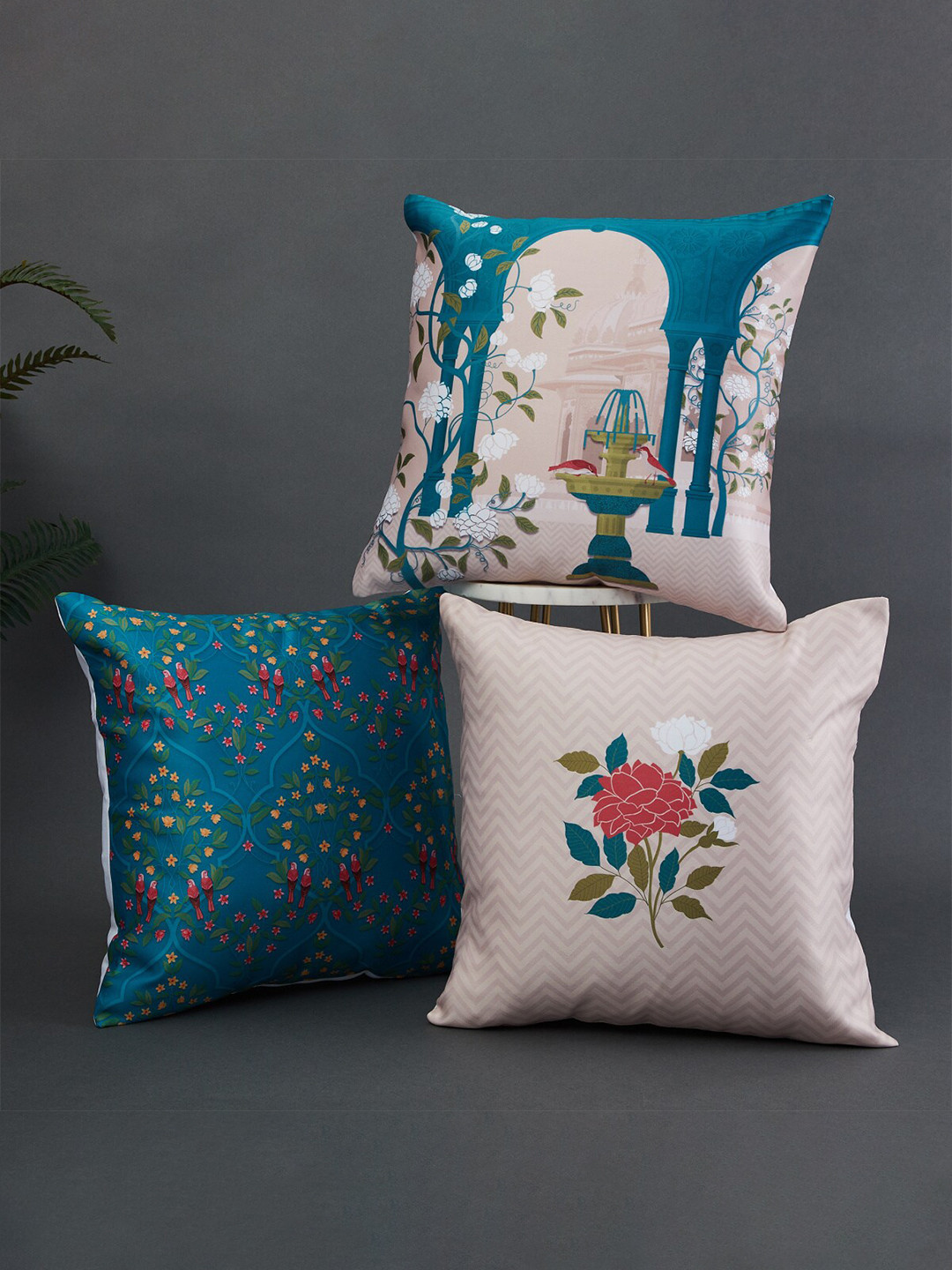 Home Centre Set of 3 Floral Print Square Cushion Covers