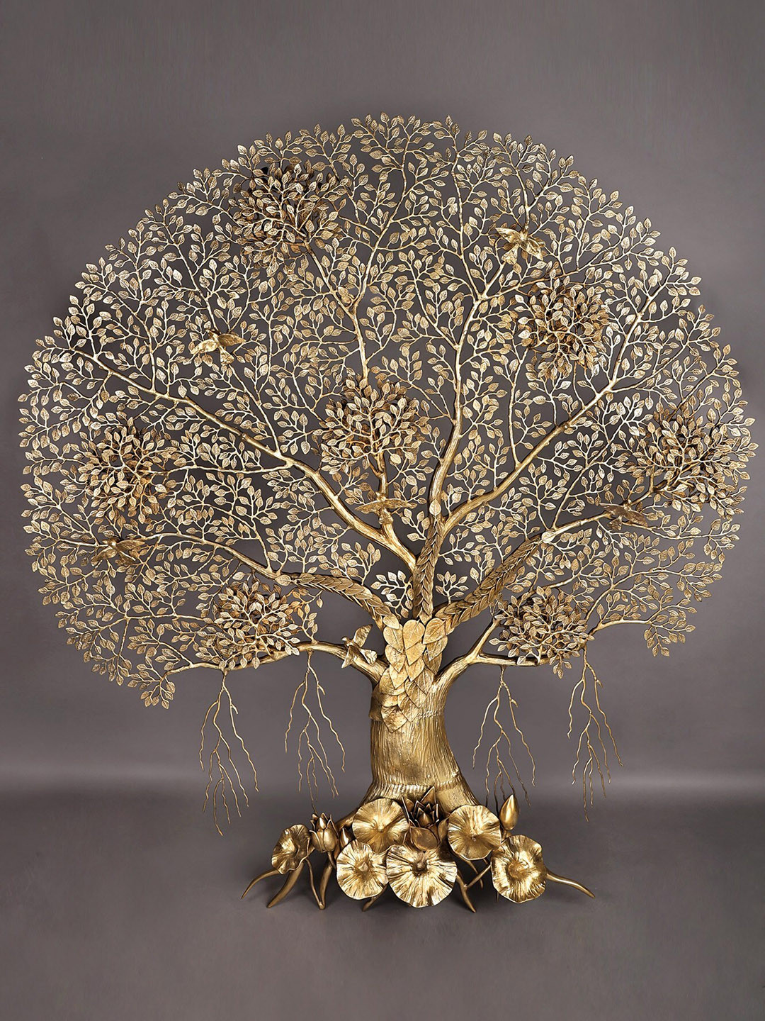 Exotic India Large Tree of Life Brass Floral Glossy Wall Mounted Hall Wall Hangings-75In