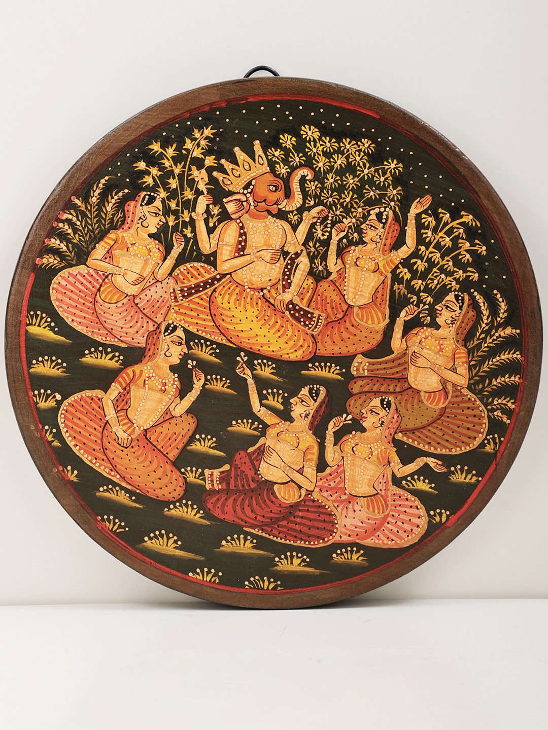 ExoticIndia Ganesha Handpainted Wood Wall Round Paintings Wall Art -8.59 x 8.59In