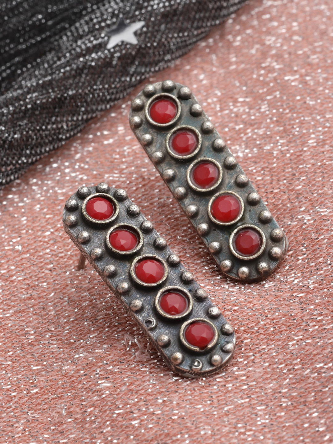PANASH Silver-Toned Oxidised Contemporary Drop Earrings