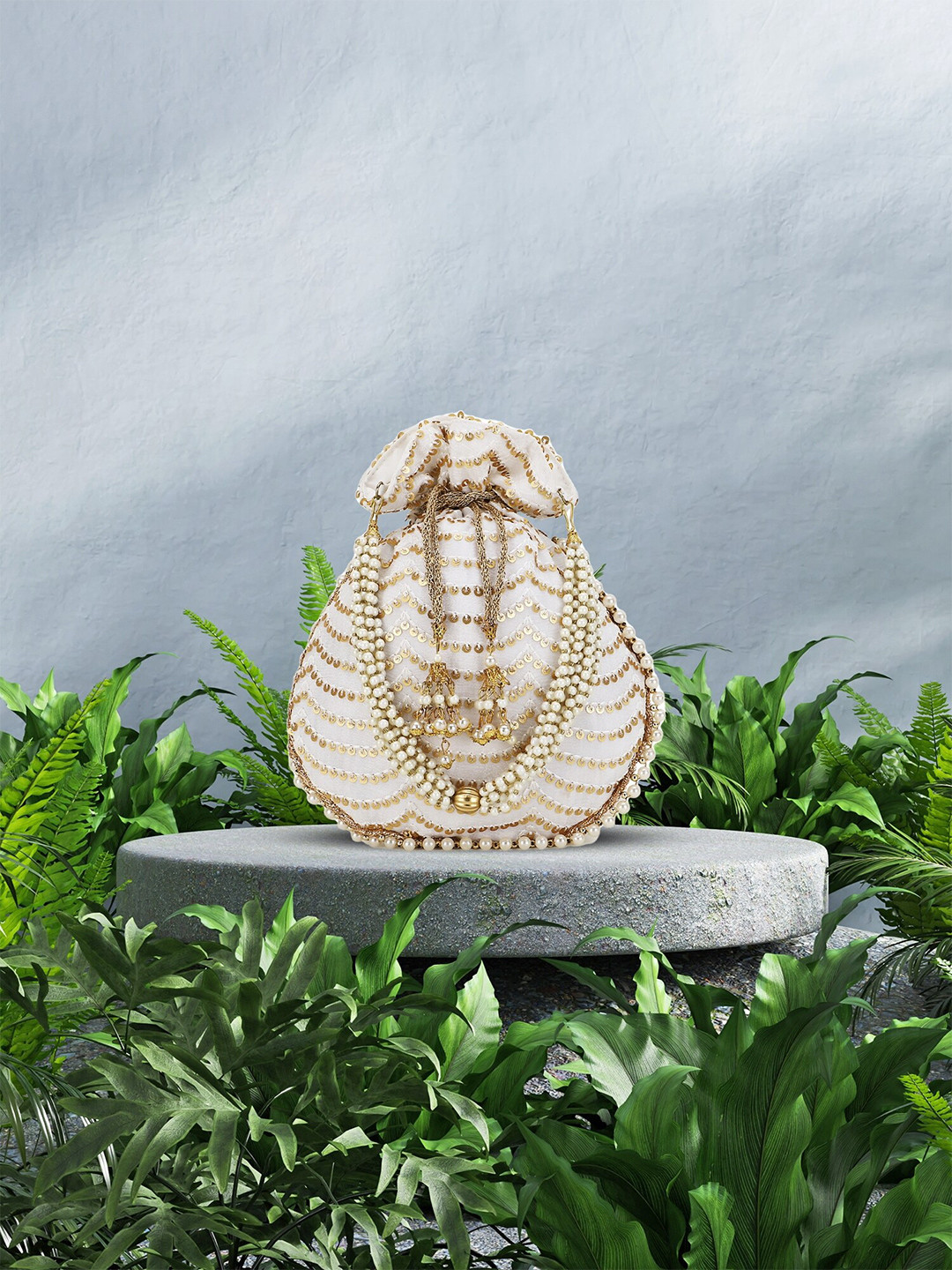 Anekaant Off White & Gold-Toned Embellished Tasselled Potli Clutch