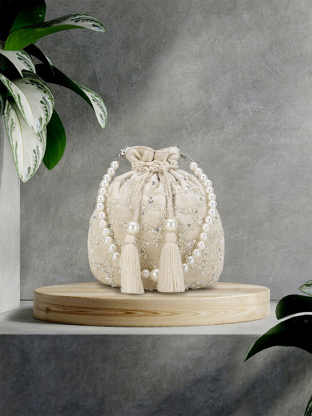Anekaant Off White & Silver-Toned Embellished Tasselled Potli Clutch