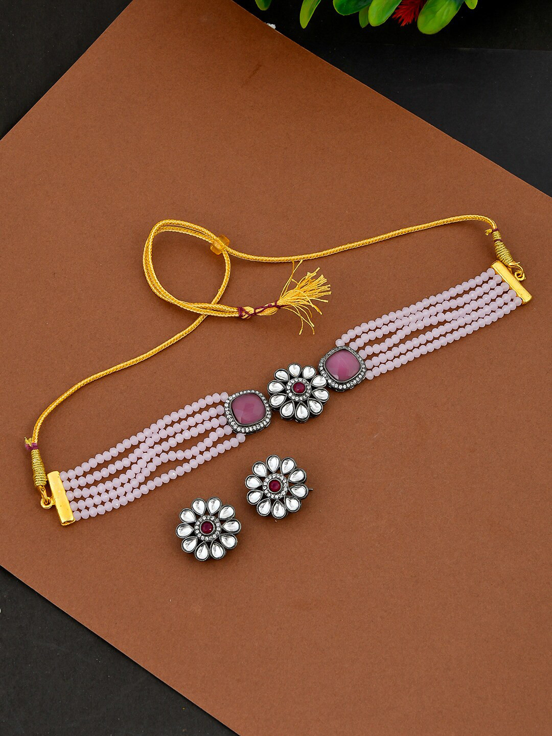 Silvermerc Designs Pink Onyx  Silver-Plated Layered Choker Jewellery Set