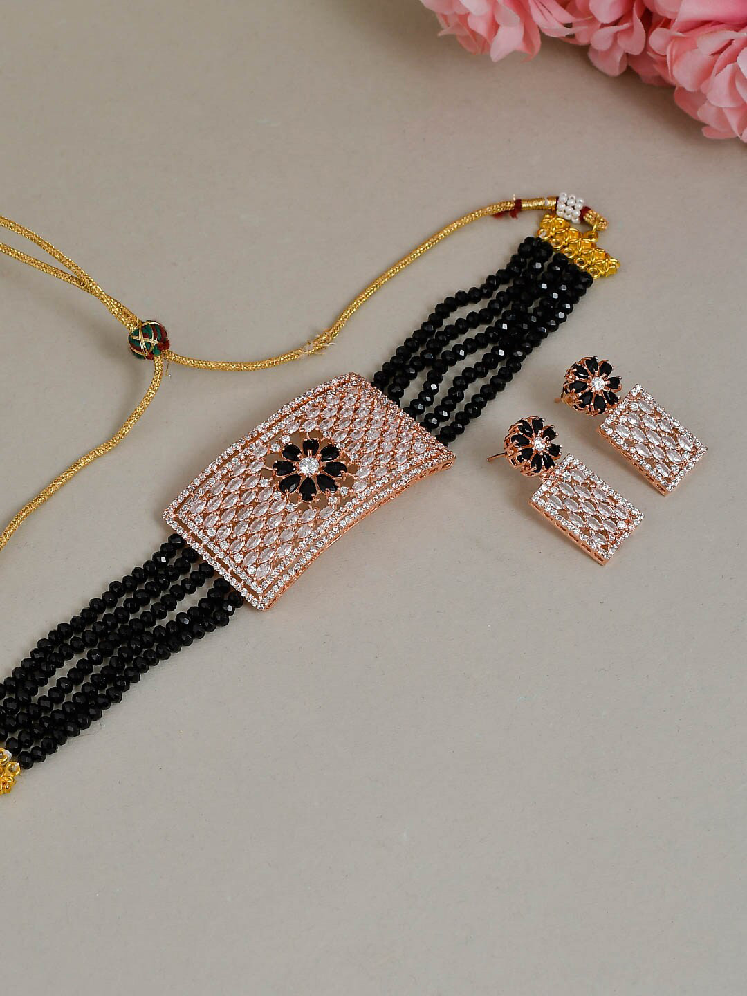 Silvermerc Designs Gold-Toned & Black Embellished Baguettes Choker Necklace & Earrings