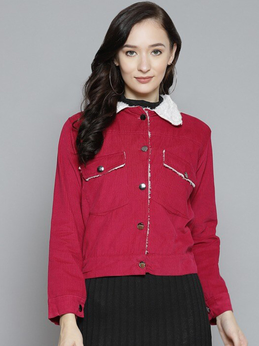 Bhama Couture Women Fuchsia Corduroy Crop Tailored Jacket