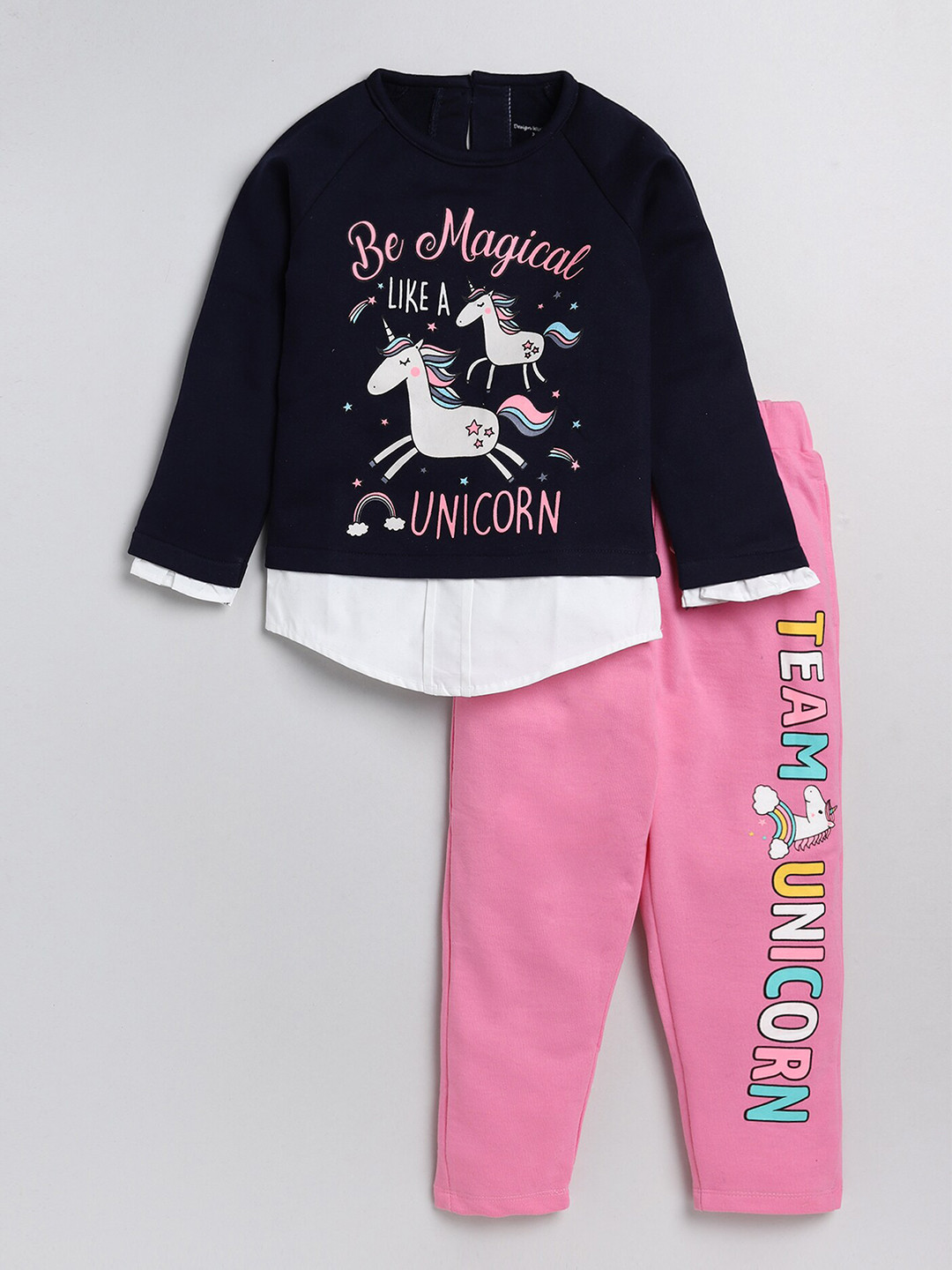 YK Girls Navy Blue & Pink Unicorn Printed T-shirt Shirt with Trousers