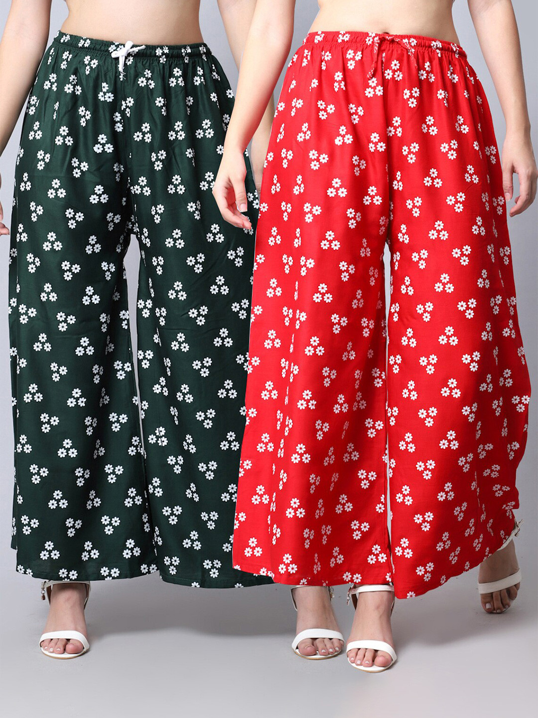 GRACIT Women Set of 2 Red & GreenFloral Printed Flared Palazzos
