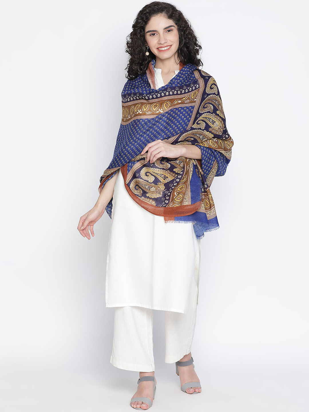 SHINGORA Women Blue Printed Pure Wool Fringed Shawl