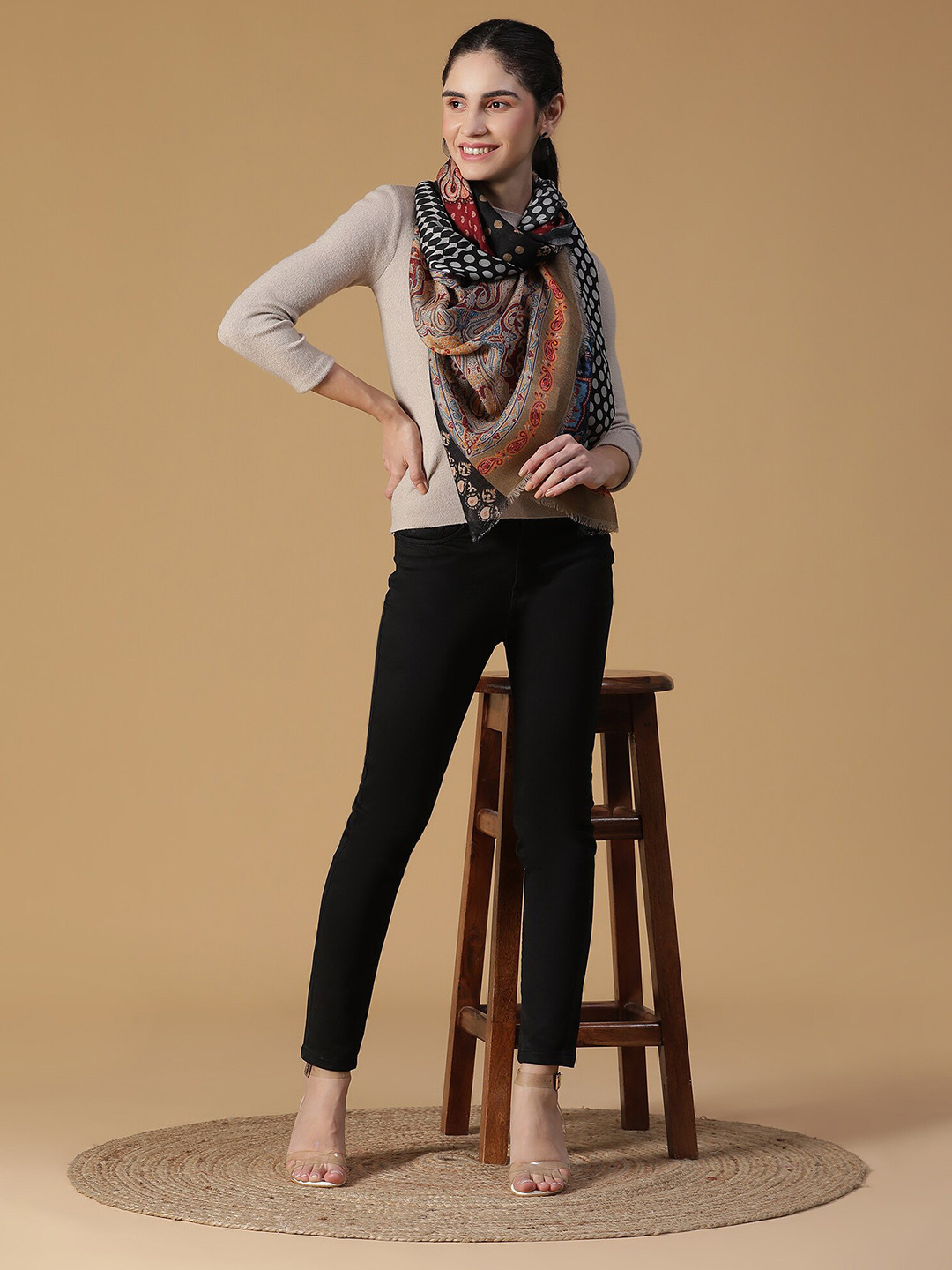 SHINGORA Women Black & Gold Polka Dots Printed Wool Stole