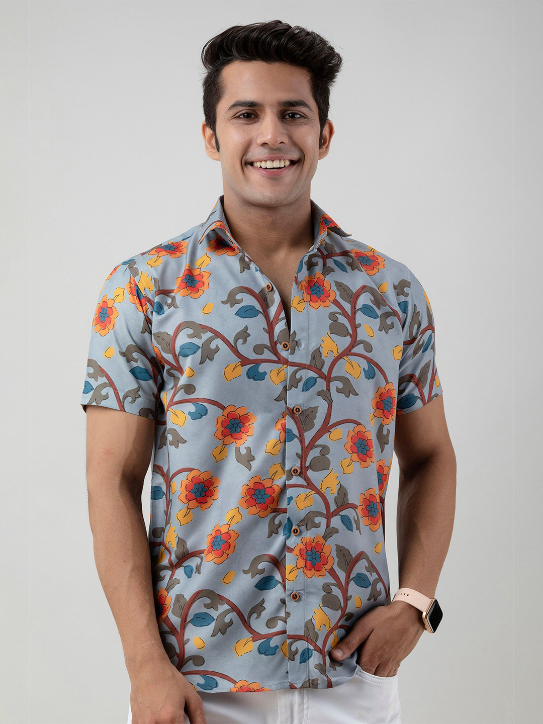 Firangi Yarn Men Grey Floral Printed Casual Shirt