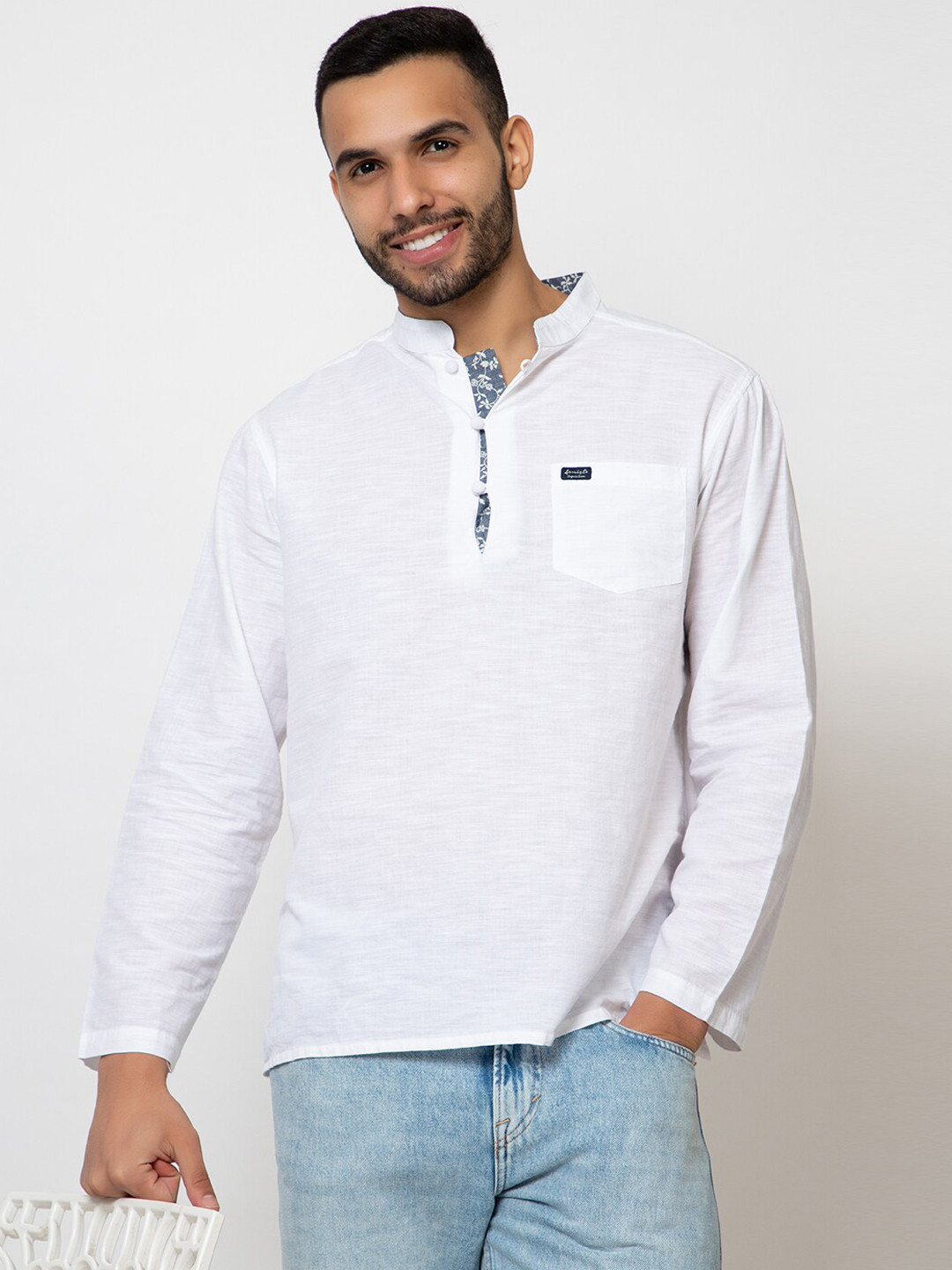 ARMISTO Men White Cotton Linen Shirt Kurta