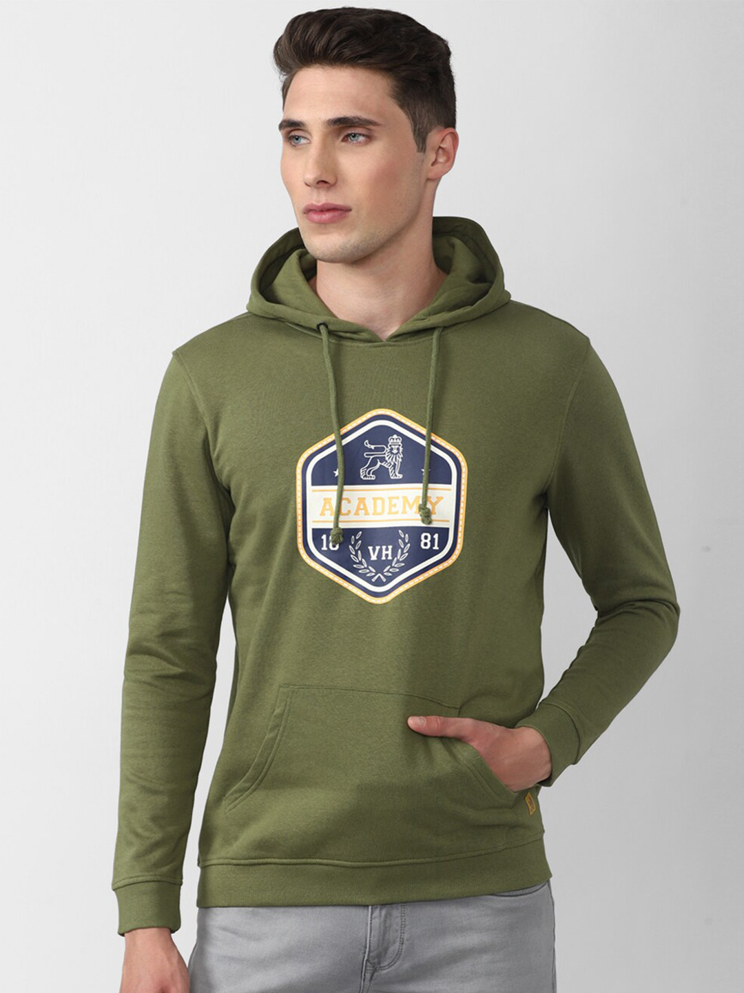 Van Heusen ACADEMY Men Olive Green Printed Hooded Sweatshirt