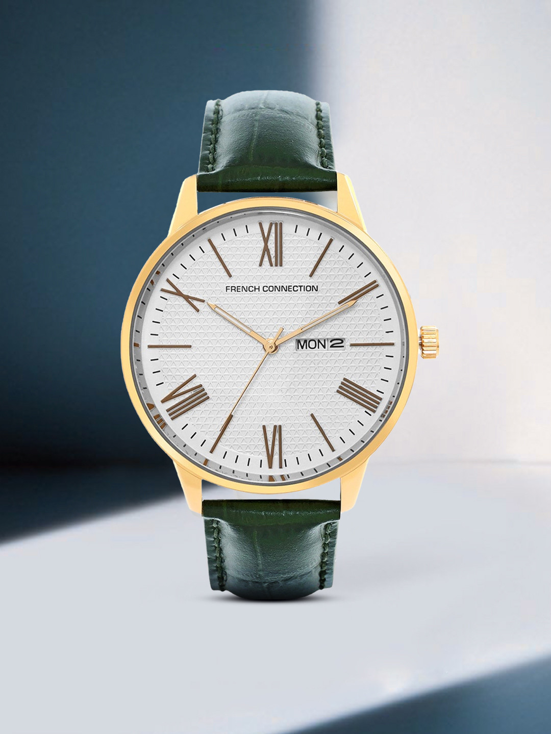 French Connection Men White Embellished Dial & Green Leather Straps Analogue Watch FCL25-A
