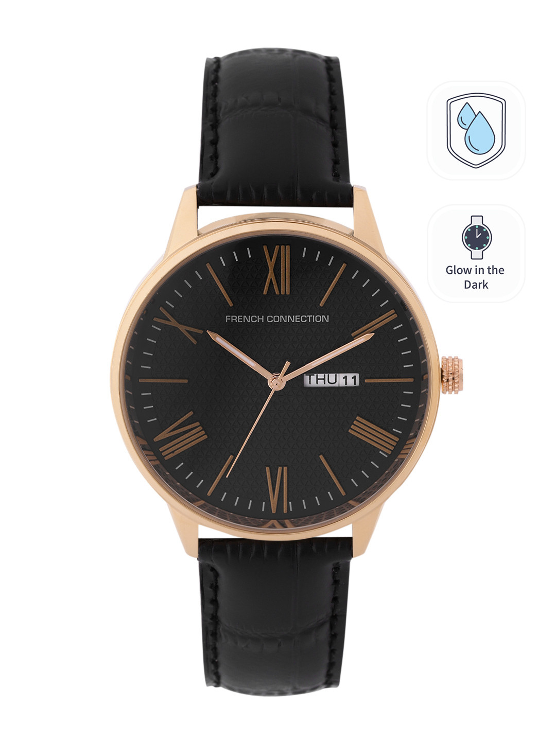 French Connection Men Black Dial & Black Leather Straps Analogue Watch FCL25