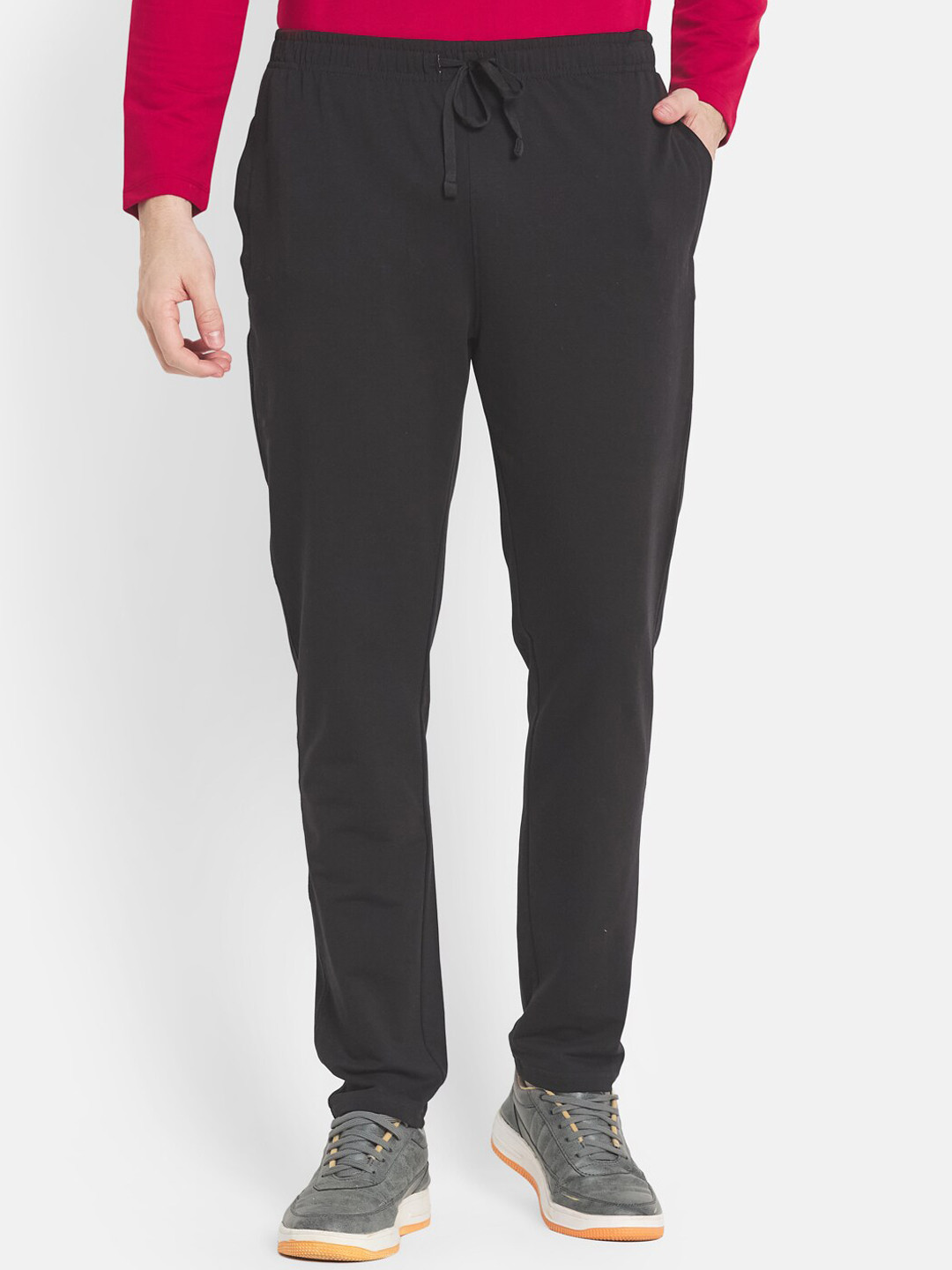 Octave Men Black Solid Cotton Drawstring Track Pants