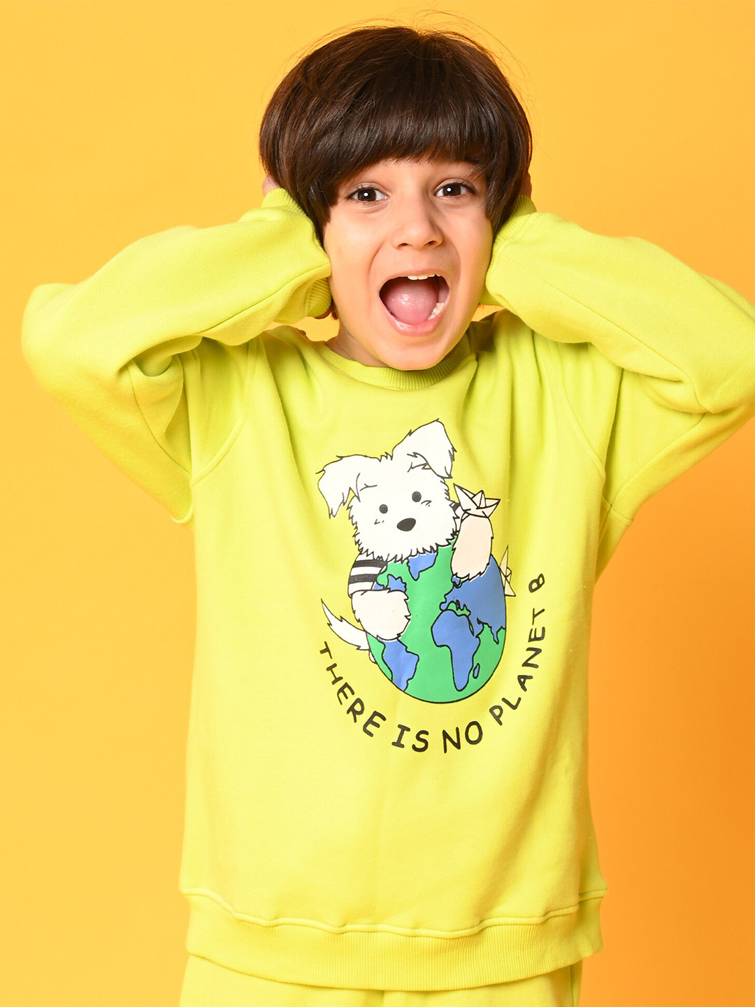 Anthrilo Boys Lime Green & Blue Planet B Printed Fleece Sweatshirt & Joggers