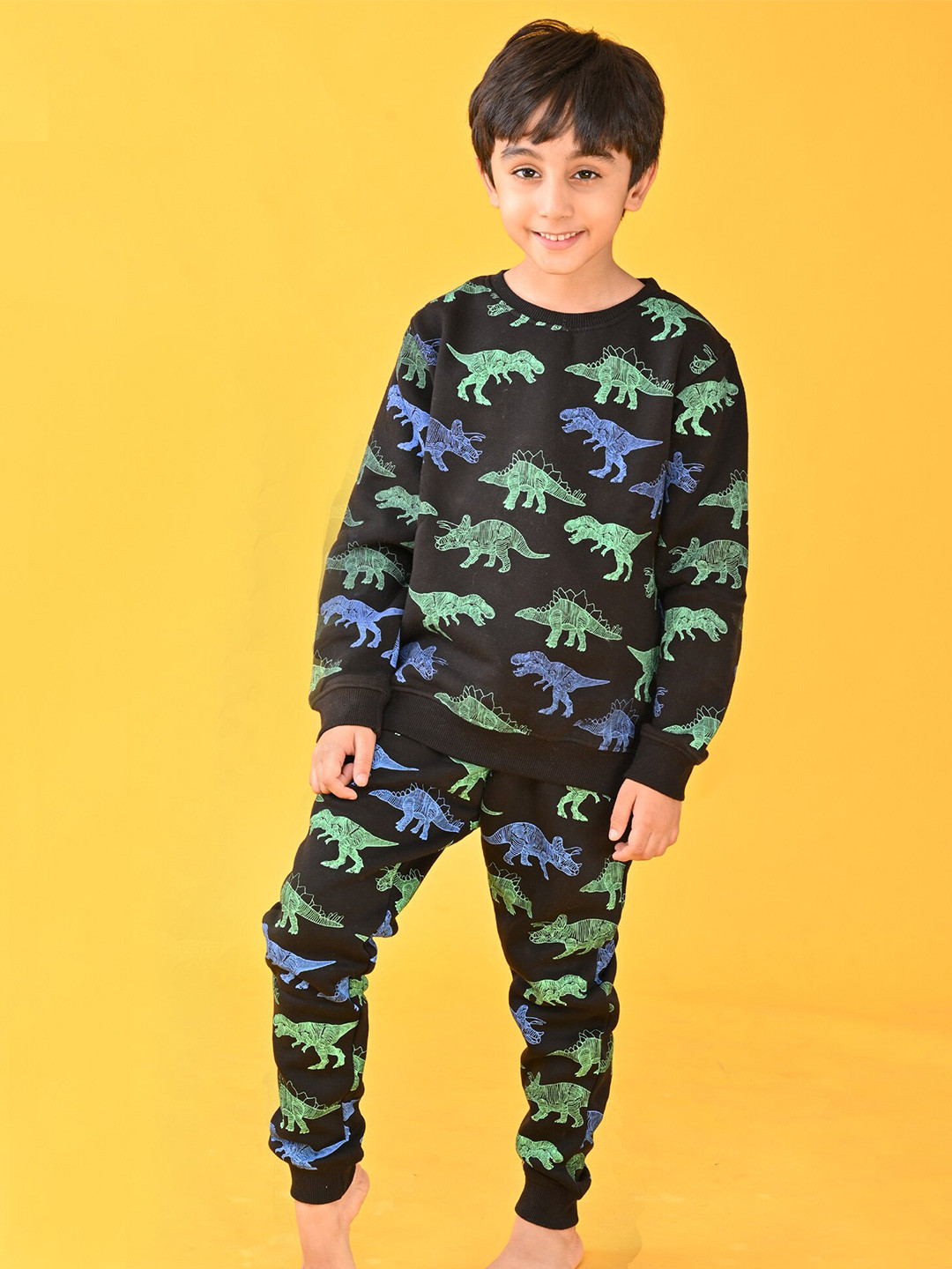 Anthrilo Boys Dinosaur Print Round Neck Fleece Sweatshirt with Joggers