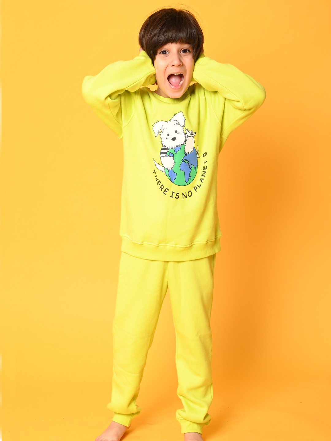 Anthrilo Boys Lime Green & White Planet B Printed Fleece Sweatshirt & Joggers