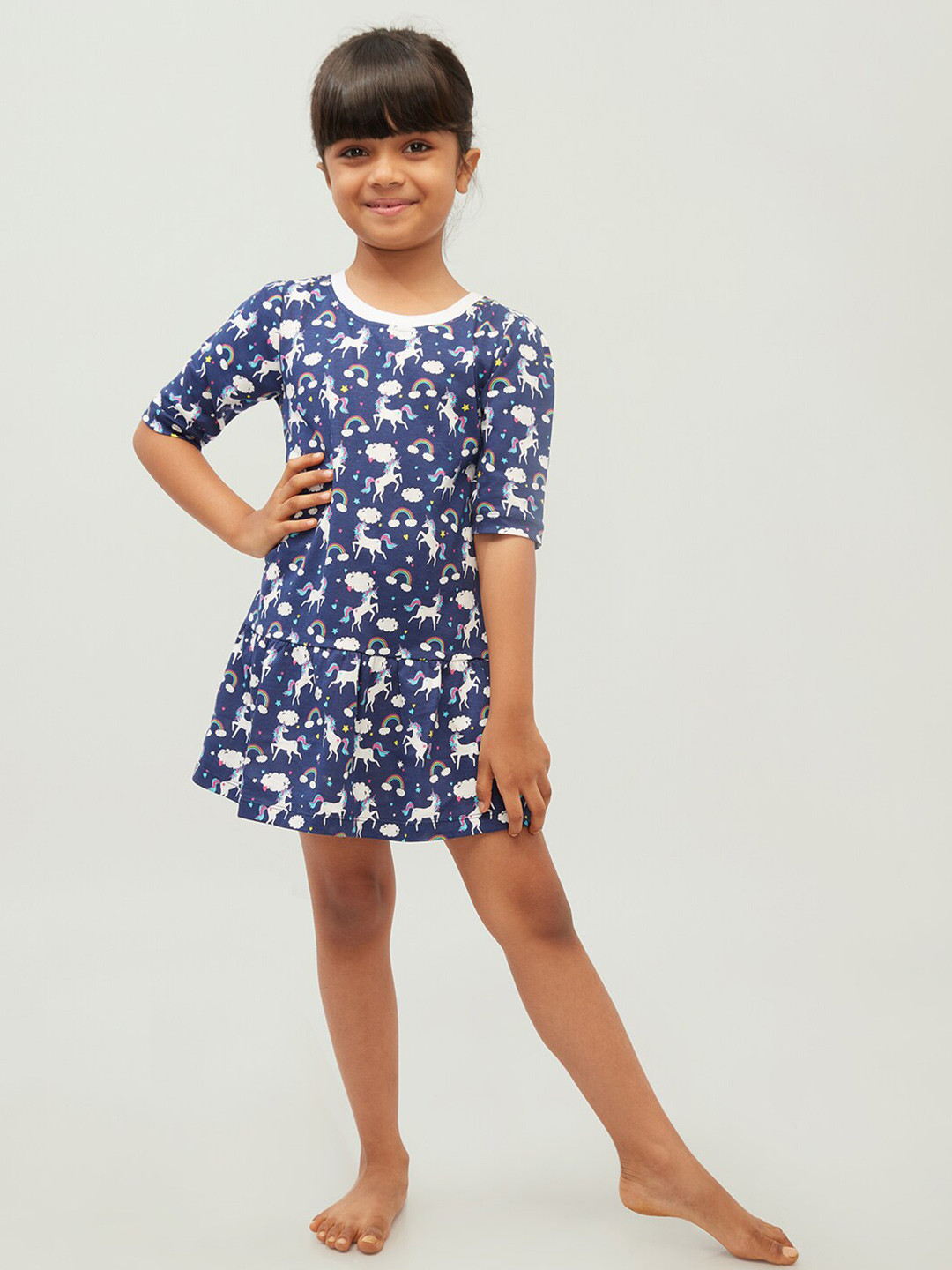 frangipani Girls Blue & White Cotton A-Line Printed Dress