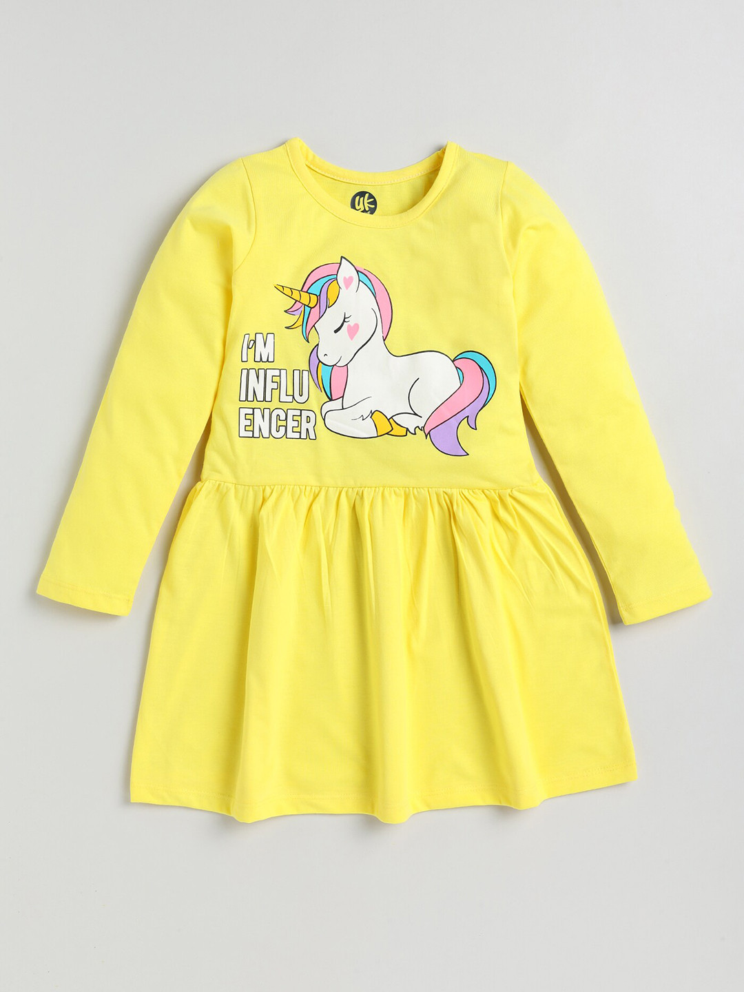 YK Girls Yellow Unicorn and Typography Printed Crew Neck Jersey Dress