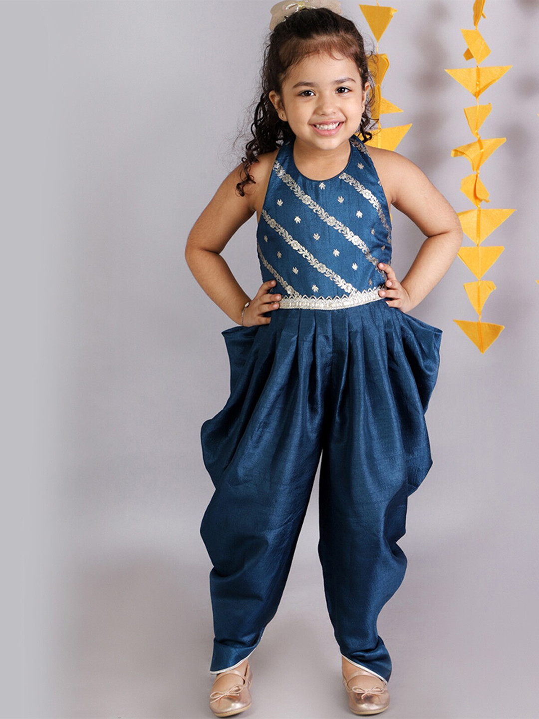 LIL DRAMA Girls Teal Floral Self Design Basic Jumpsuit
