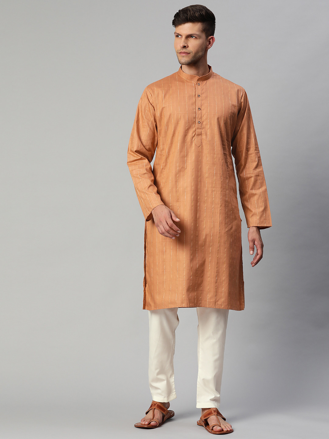 MANQ Men Copper-Toned & White Checked Pure Cotton Kurta with Pyjamas